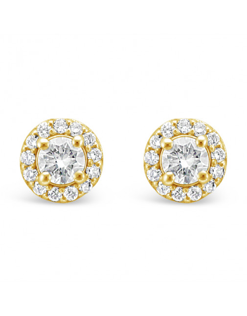 Diamond Cluster Earrings With A Centre Round Brilliant Cut Diamond Set in 18ct Yellow Gold. Tdw 0.75ct